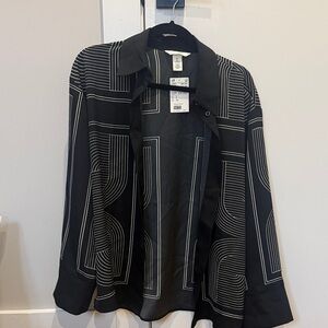 Black Geometric Print Open-Front Women's Jacket